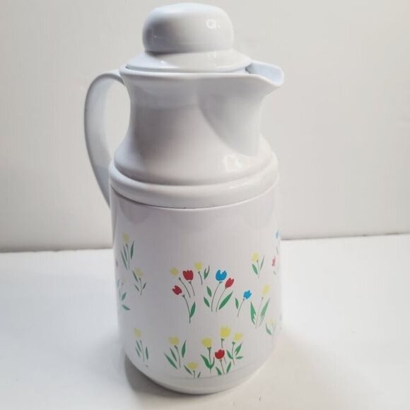 Vintage 80s Phoenix Insulated Thermal Carafate White Floral Tulip with Lid - Picture 2 of 13